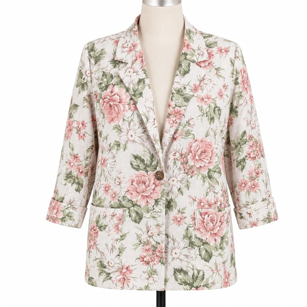 Joanna Blazer Women Medium Pink Floral Linen Blend 3/4 Sleeve Single Button USA